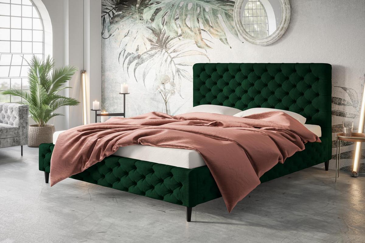 POLSTERBETT LUX Miami mit Kopfteil, 180 x 200 cm, Doppelbett mit Lattenrost aus Holz, Velourstoff Dunkegrün, Füße in Farbe: Schwarz - Dunkelgrün, Holz/Textil (180/200cm) - Alpi-Möbel