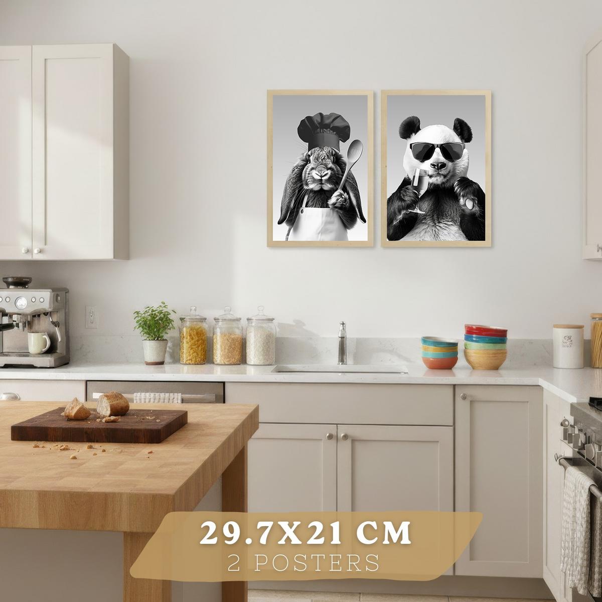 POSTER 4er Set Lustige Tiere Schwarz Weiß Wandbilder Hase Panda Golden Retriever Koch Küche Deko Leichter Holzrahmen A4 - Beige, Papier (29.7/1/21cm) - Nacnic