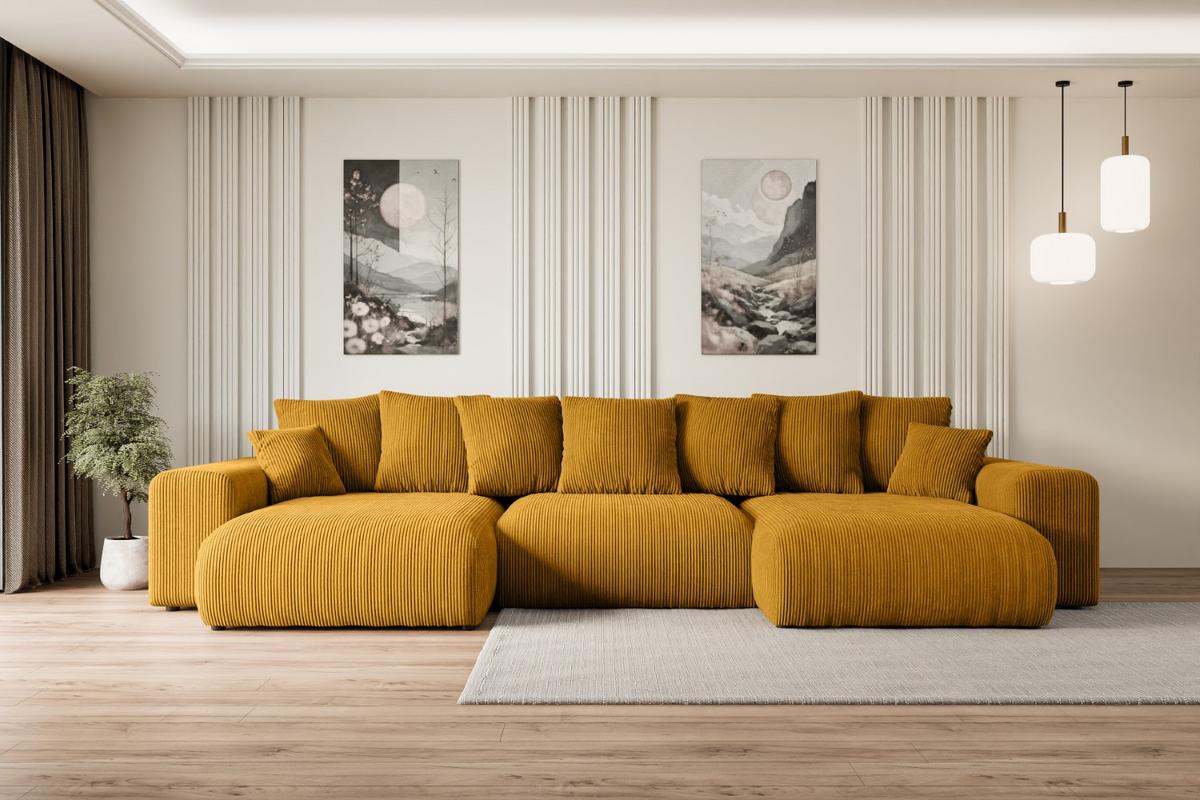 WOHNLANDSCHAFT mit Schlaffunktion ESKAR-U -364x176x72cm Gelb Cord - Gelb/Schwarz, Holzwerkstoff/Kunststoff (364/72/176cm) - ALTDECOR
