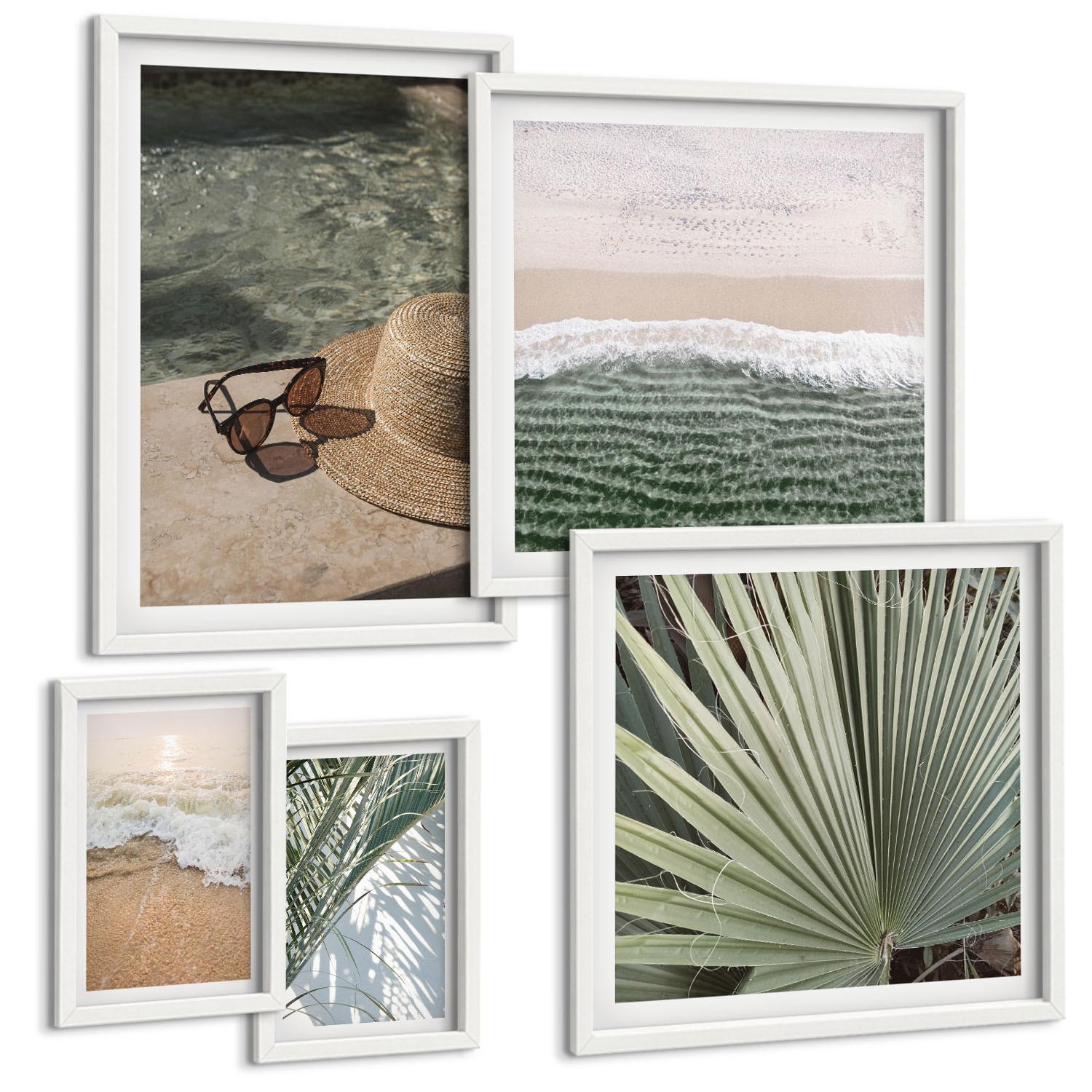 BILDER SET 5er Set - 50x50 cm & 20x30 cm & 40x60 cm Weißer Rahmen - Strandhut und Sonnenbrille - Weiß, Kunststoff (40/60cm) - TULUP