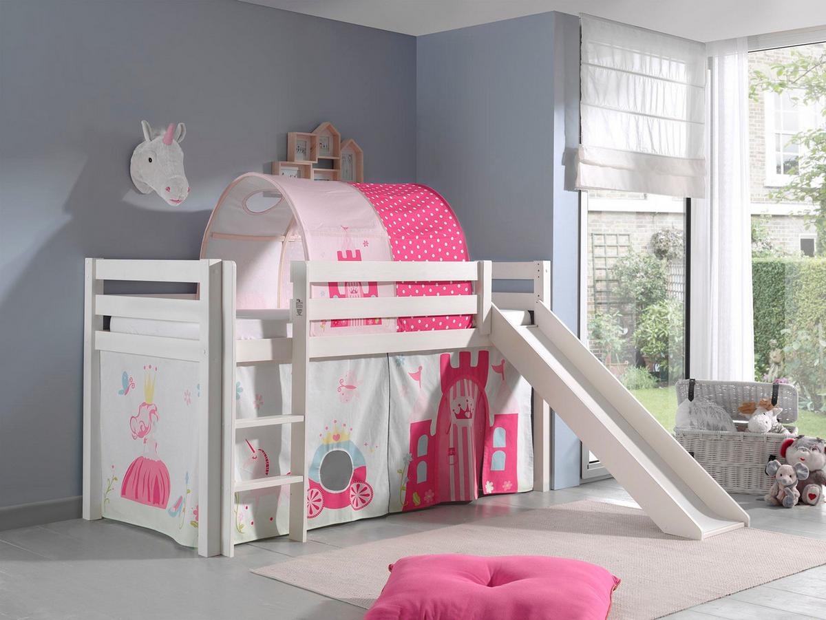 HOCHBETT mit Rutsche Karolina Massivholz Weiß Textilset Princess 2 - Magenta/Weiß, Holz (90/200cm) - 58aufmkessel