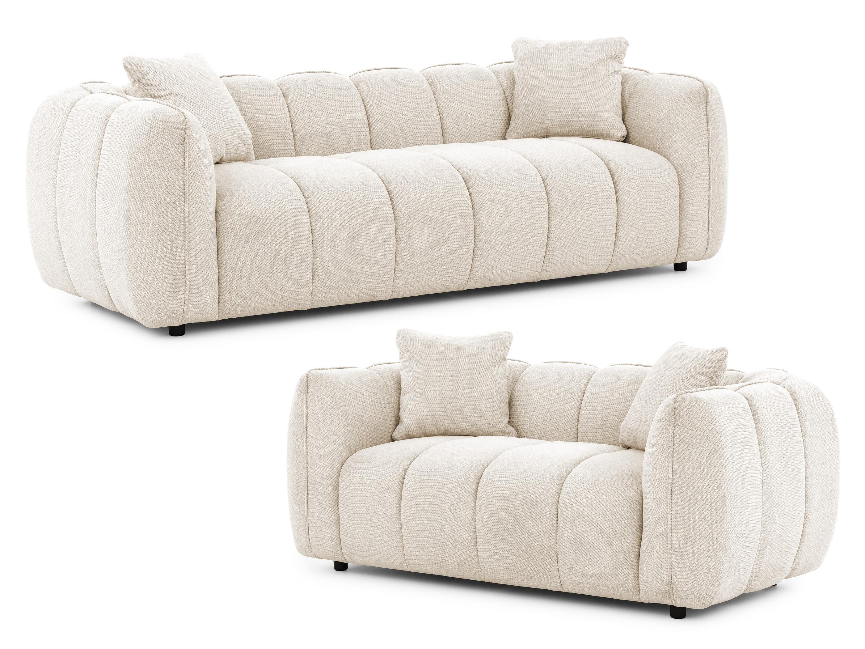SITZGARNITUR 3+2 Nubira in tief gesteppter Bubble-Optik aus weichem Hellbeige Strukturstoff im modernen Design - Beige/Schwarz, Holz/Kunststoff (228/69/89cm) - S-Style Möbel
