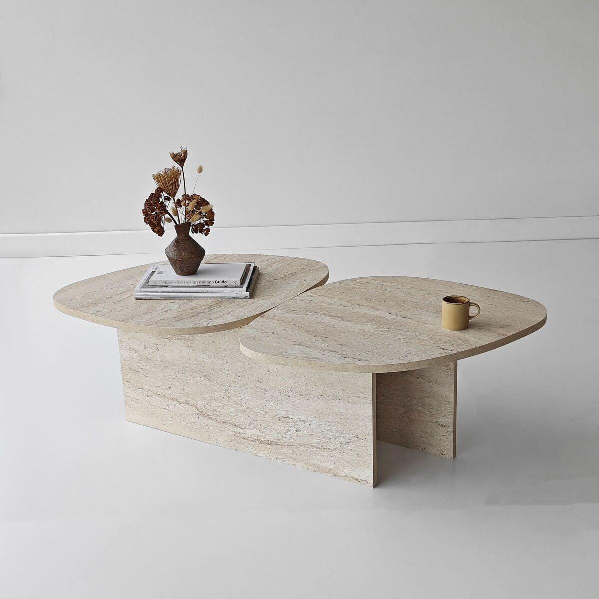 COUCHTISCH mit doppelter Platte in organischer Form 125/60/38 cm - Beige, Holzwerkstoff (10/60/38cm) - Calicosy