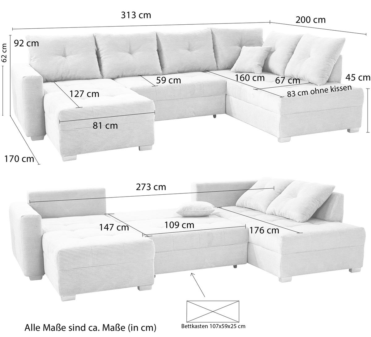 WOHNLANDSCHAFT mit Schlaffunktion und Bettkasten, spiegelverkehrt montierbar U-Form B313/T200/H92 cm, Cord Beige Grau / 15218 - Greige/Eichefarben, Holz/Textil (313/92/200cm) - luma-home