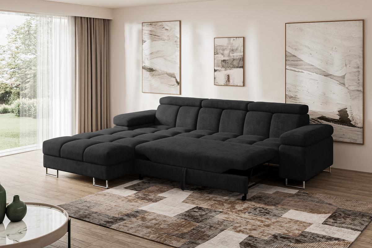ECKSOFA mit Schlaffunktion Ottomane Links 271x203x79 Schwarz Velours - Schwarz, Holzwerkstoff/Textil (271/203cm) - ALTDECOR