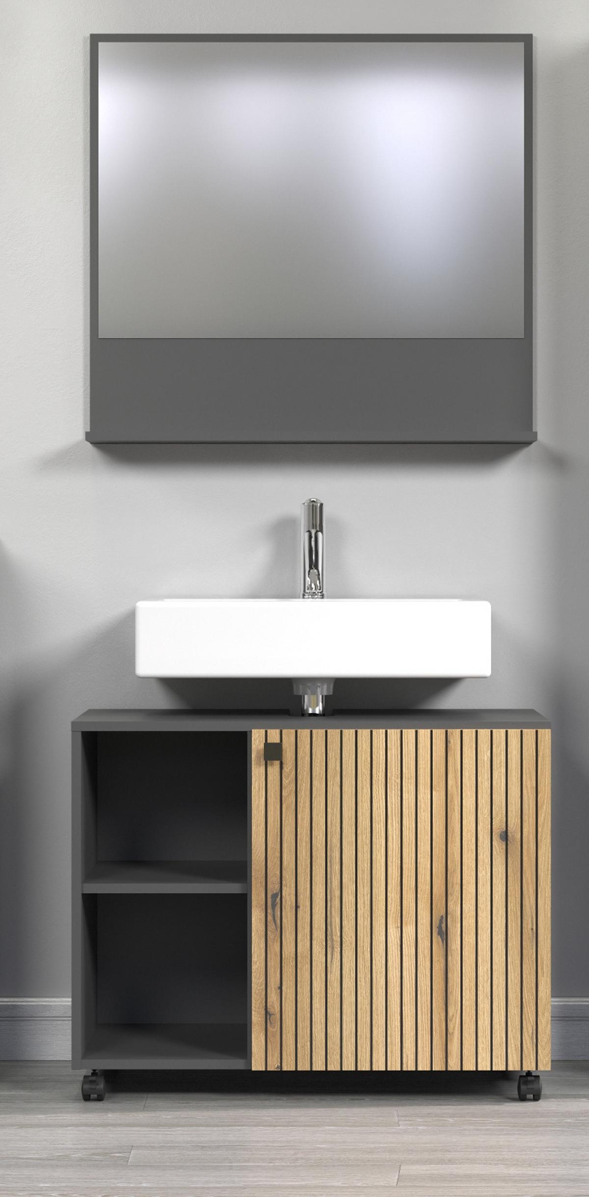 BADSPIEGEL grau 80 cm, Badezimmer Spiegel mit Ablage - Grau, Glas/Holzwerkstoff (80/74/14cm) - Top.Furn