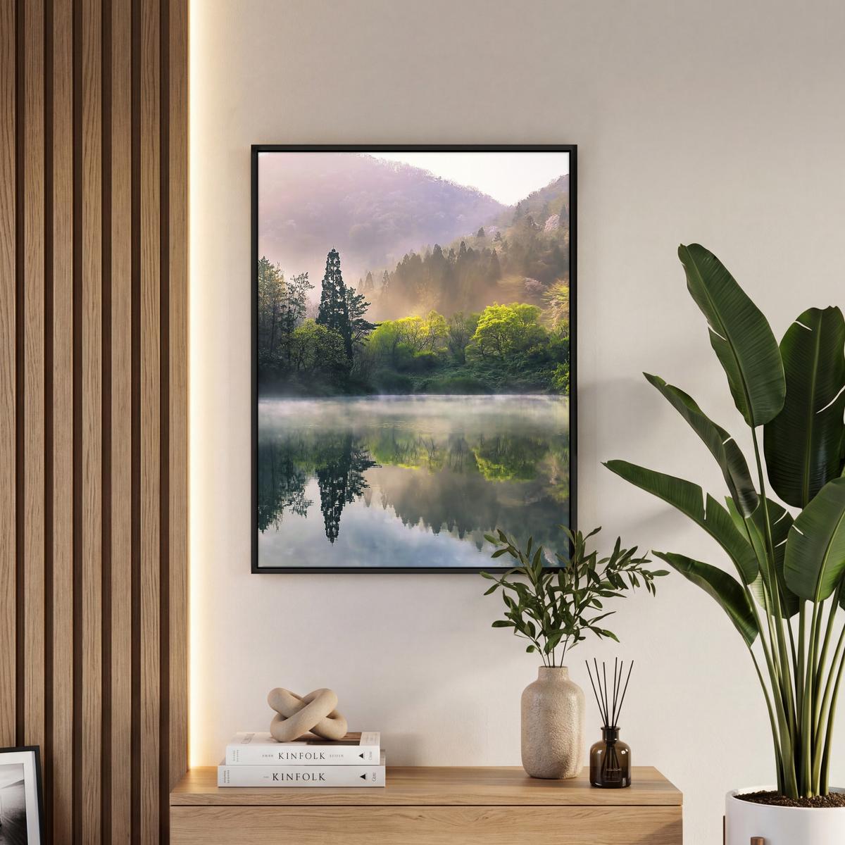 LEINWAND Bilder mit Rahmen - Natur - Bäume - Berge - See - Wasser - 60x80 - Hellgrün, Textil (60/80cm) - MuchoWow