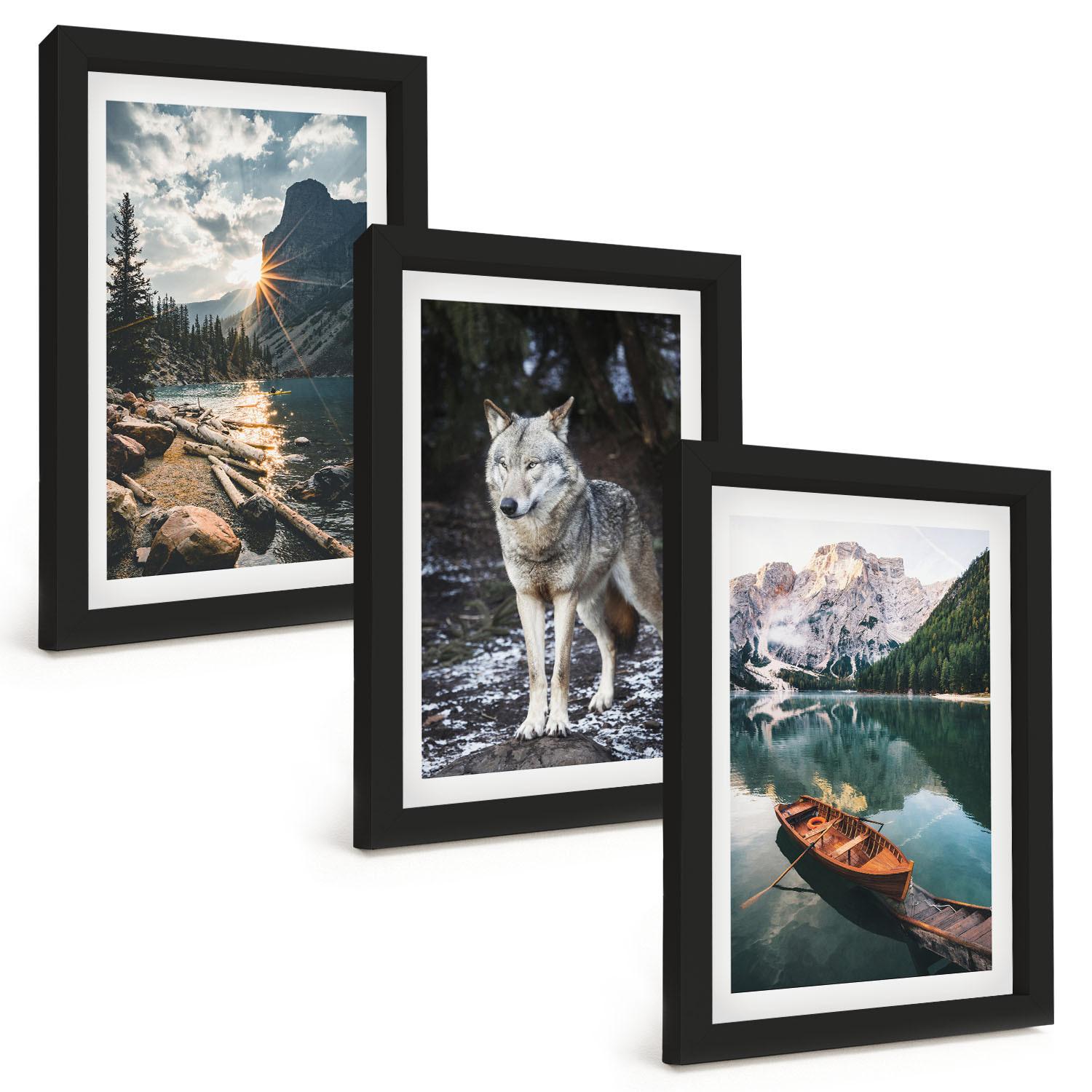 BILDER SET 3er Set - 20x30 cm Schwarzer Rahmen - Berge, Seen, Wölfe, Natur - Schwarz, Kunststoff (20/30cm) - TULUP