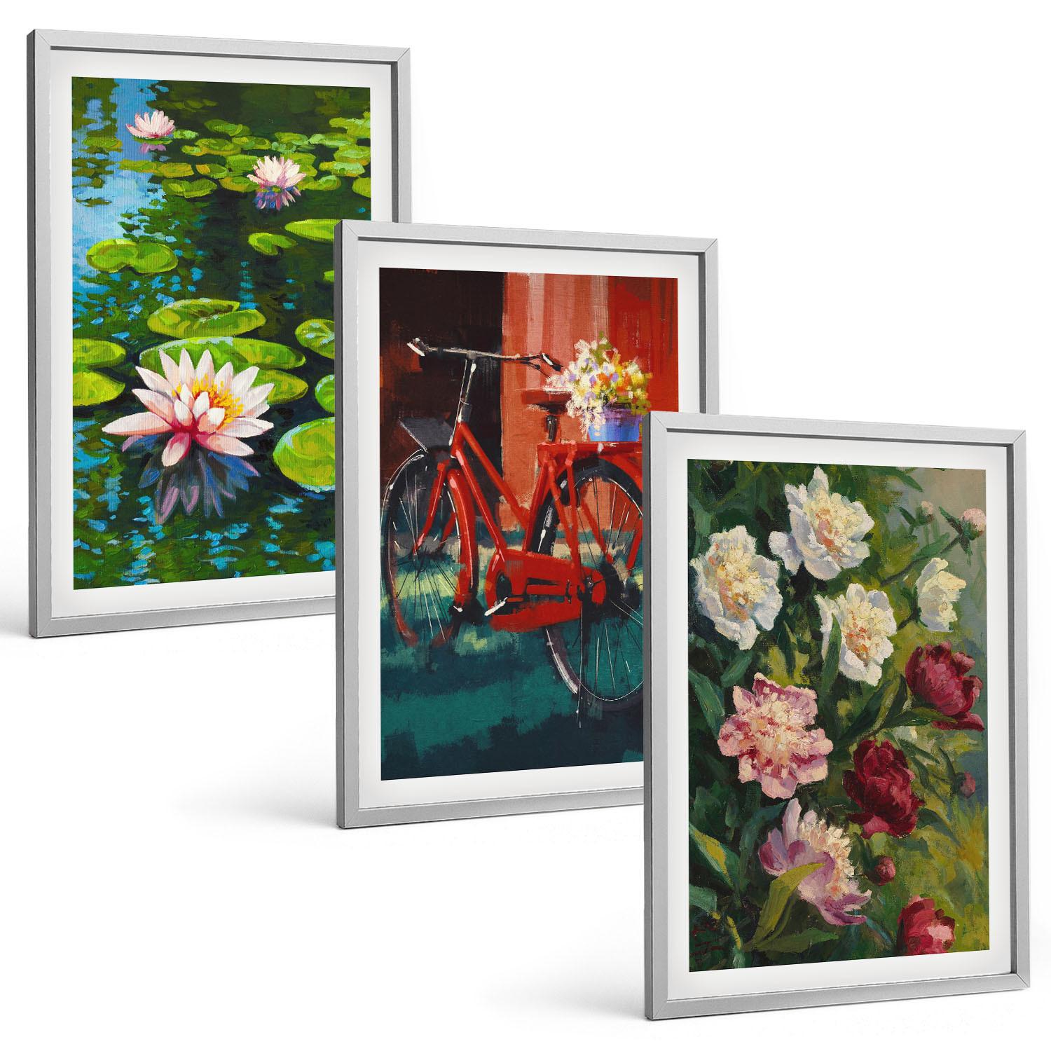BILDER SET 3er Set - 40x60 cm Silberner Rahmen - Lilien im Garten, bunte Blumen - Silberfarben, Kunststoff (40/60cm) - TULUP