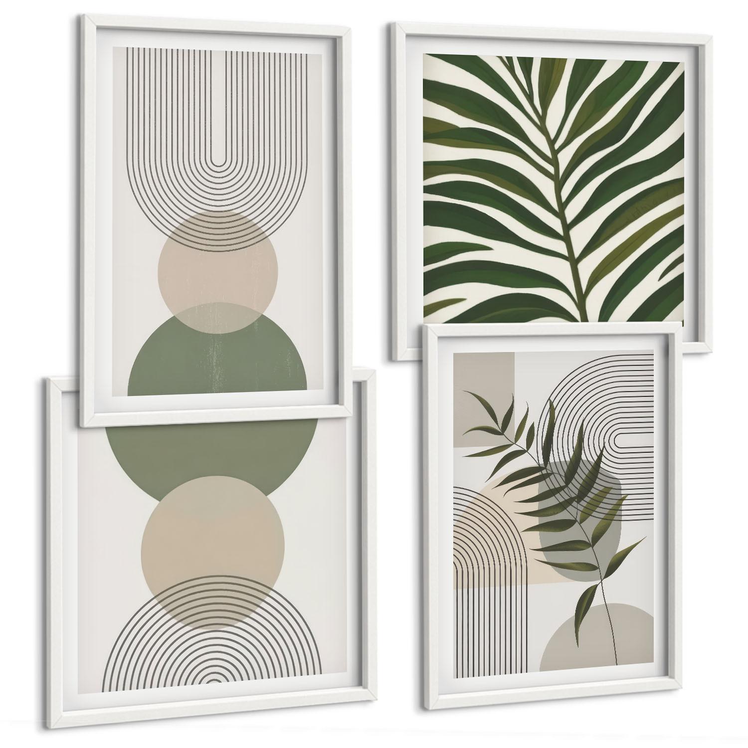 BILDER SET 4er Set - 50x50 cm & 40x60 cm Weißer Rahmen - Abstrakte Blätter im Boho-Stil - Weiß, Kunststoff (50/50cm) - TULUP