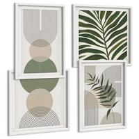 BILDER SET 4er Set - 50x50 cm & 40x60 cm Weißer Rahmen - Abstrakte Blätter im Boho-Stil - Weiß, Kunststoff (50/50cm) - TULUP