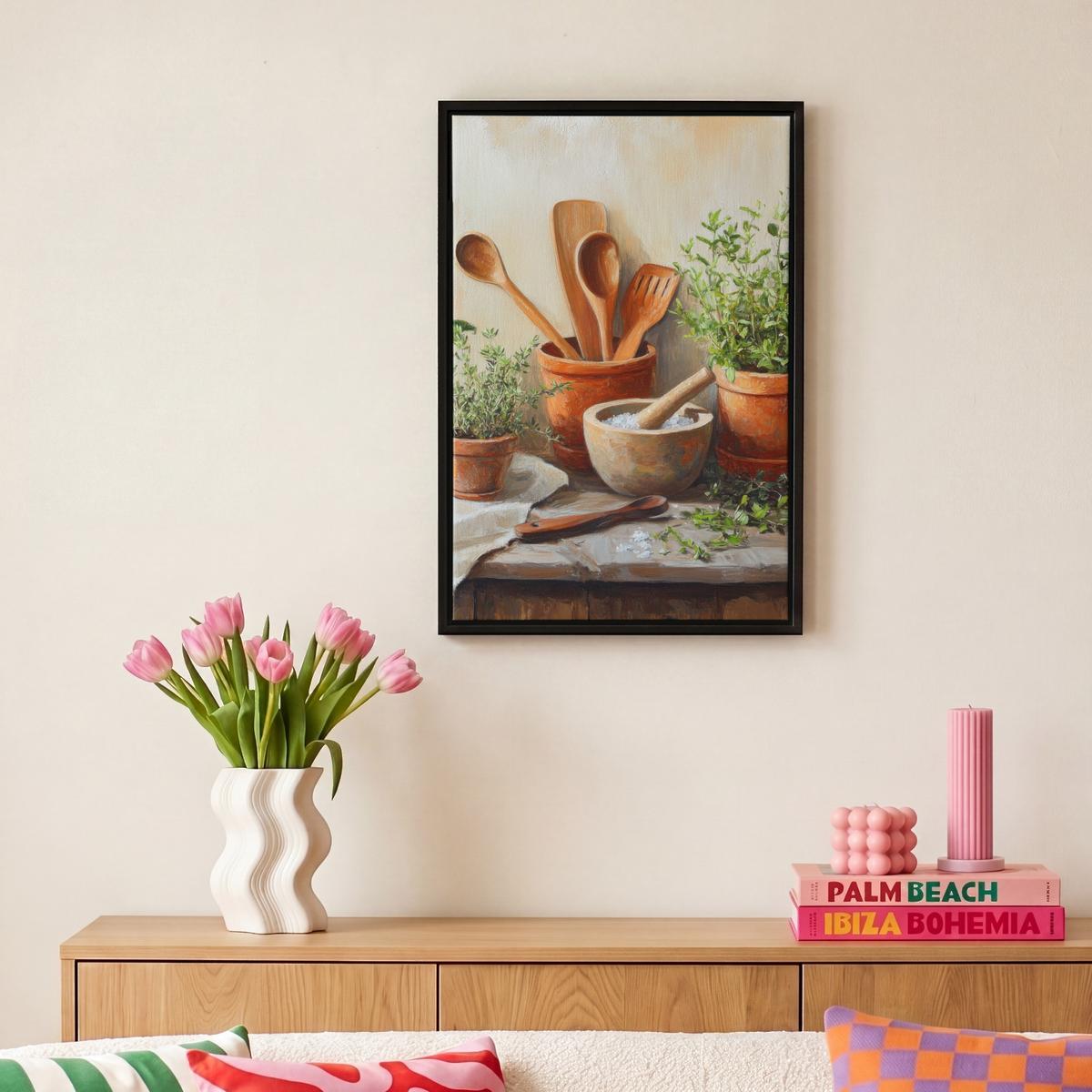 LEINWAND Bilder mit Rahmen - Töpfe - Kräuter - Holz - 20x30 - Terracotta, Textil (20/30cm) - MuchoWow
