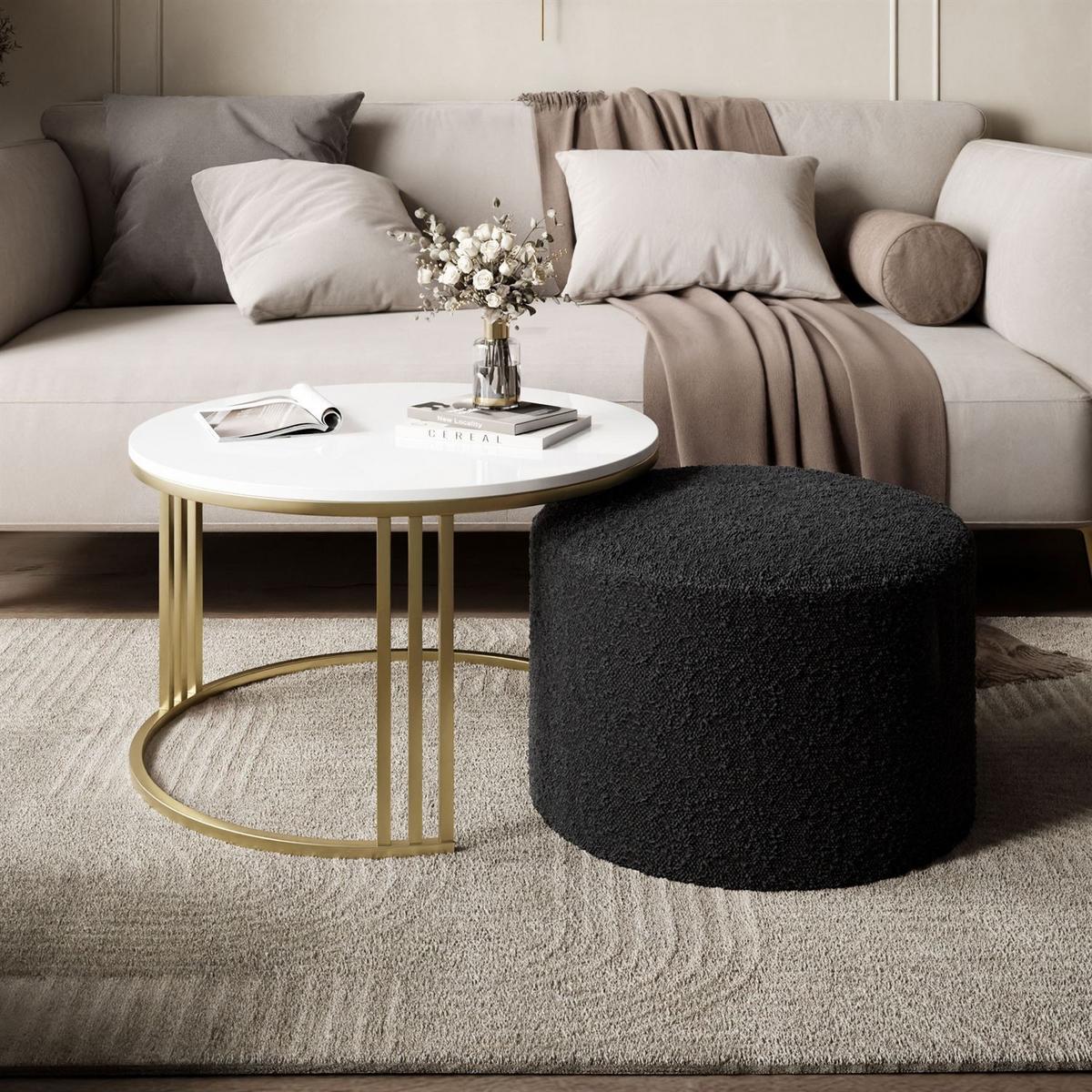 COUCHTISCH mit Hocker LORI Hochglanz gebürstetes Gold/weißer Glanz/Coral 60 - Weiß, Metall (70/70/49cm) - Lookway