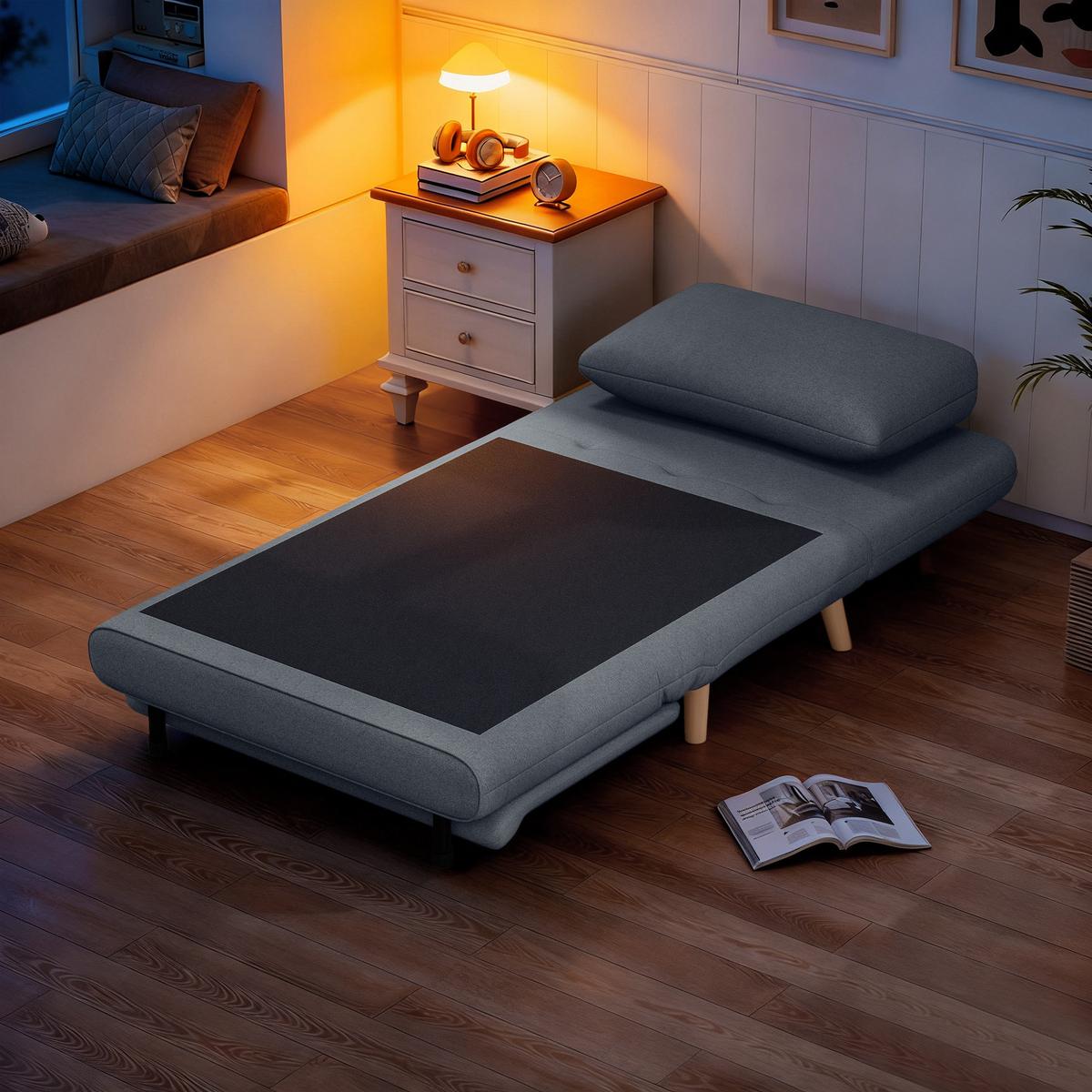 SCHLAFSESSEL 3-in-1 Sessel Bett-Funktion , verstellbare Rückenlehne - Buchefarben/Grau, Buchenholz/Textil (90/80/95cm) - HOMCOM