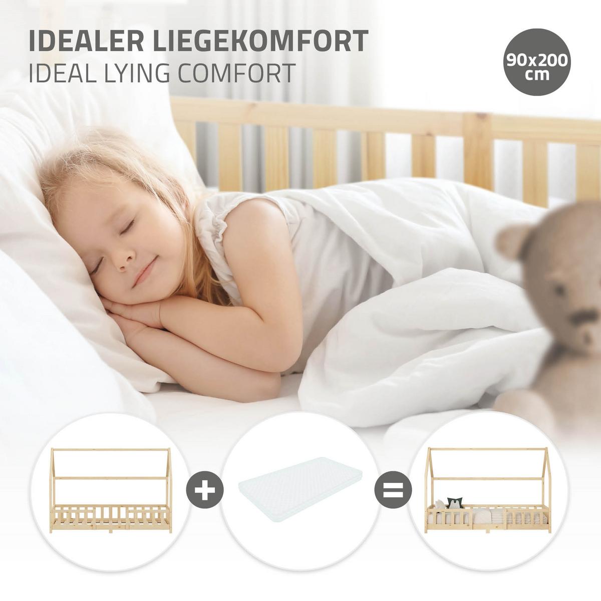 KINDERBETT 90x200 cm mit Rausfallschutz Natur aus Kiefernholz - Naturfarben, Holz (90/200cm) - ML-DESIGN
