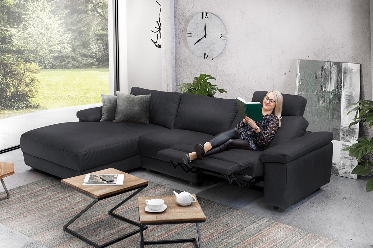 ECKSOFA XL MOTORISCHER RELAXFUNKTION LOLA Schwarz Webstoff Relaxfunktion - Schwarz, Textil (304/178cm) - KAWOLA