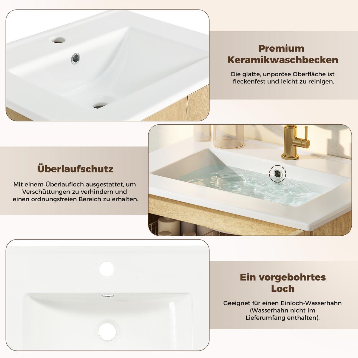 WASCHTISCHUNTERSCHRANK Holzoptik mit Rattan-Türen & Keramikbecken - Naturfarben, Holzwerkstoff (61/89/47cm) - Urban Meuble
