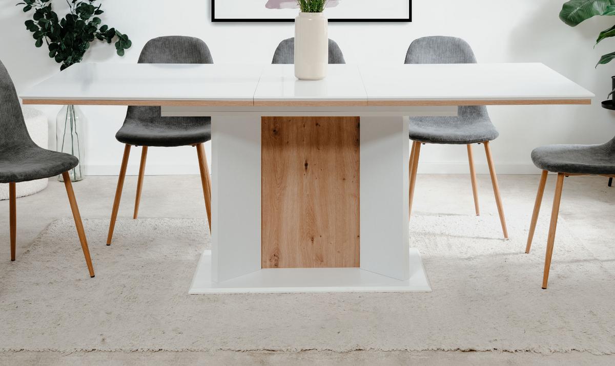 ESSTISCH weiß, Eiche Artisan, Säulentisch ausziehbar 160 - 200 x 90 cm - Weiß/Eiche Artisan, Holzwerkstoff (160/90/76cm) - Furn.Design