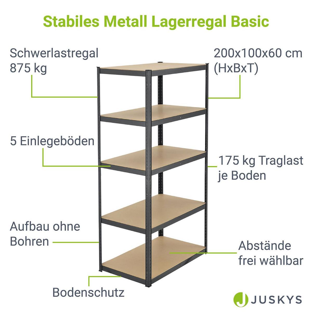 LAGERREGAL Basic grau 200x100x60 cm - Grau, Metall (100/200/60cm) - Juskys