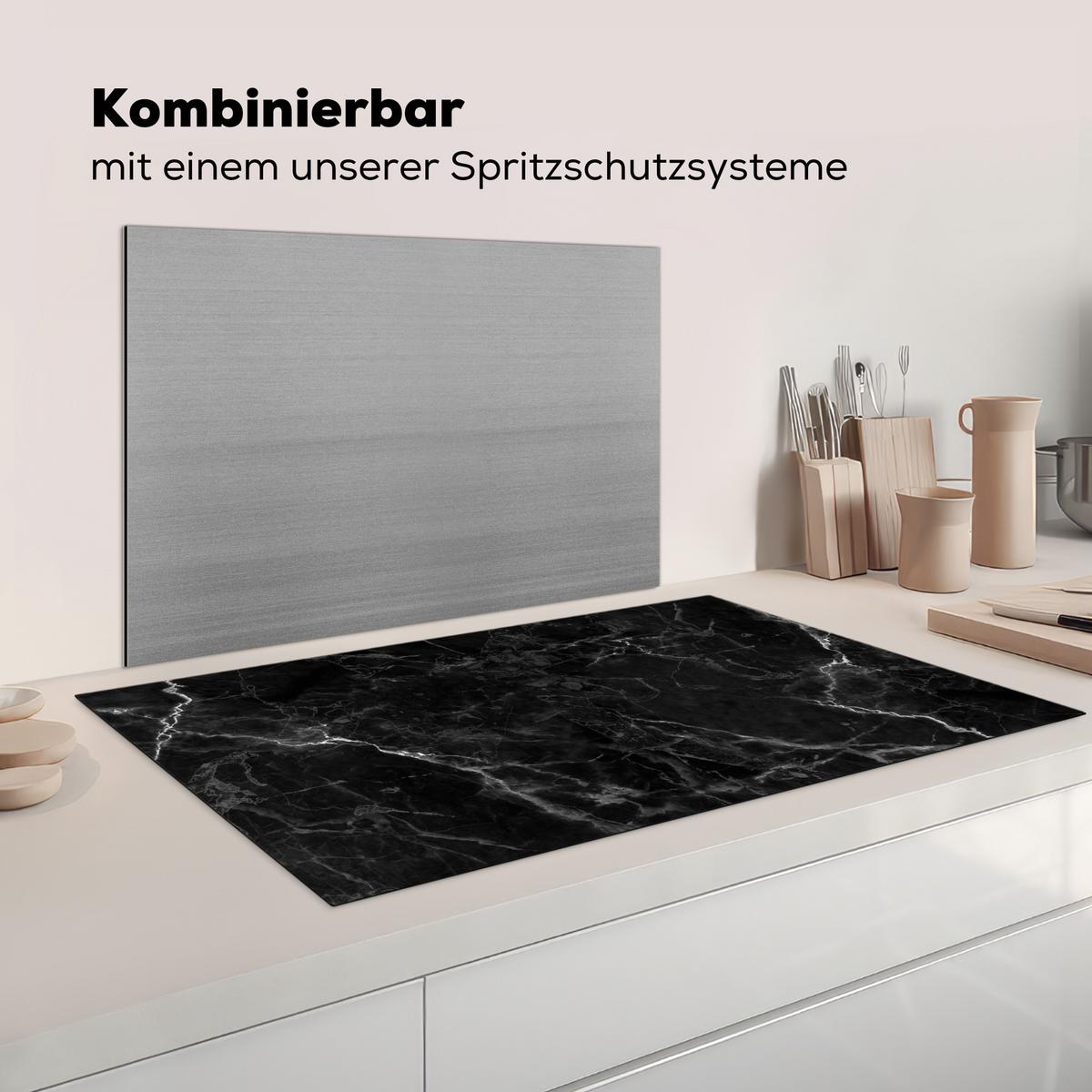 HERDABDECKPLATTE Marmor - Schwarz - Weiß - Textur - Marmoroptik Induktionsschutz 91.6x52.7 cm - Silberfarben, Kunststoff (91.6/52.7/0.2cm) - MuchoWow
