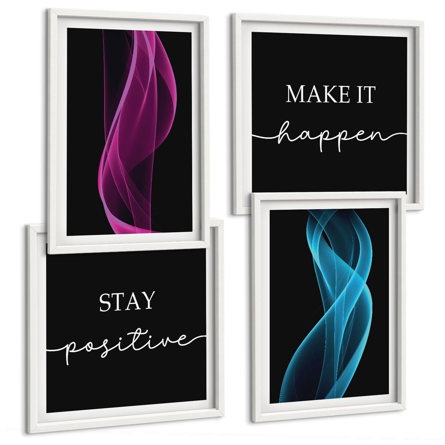 BILDER SET 4er Set - 50x50 cm & 40x60 cm Weißer Rahmen - Neonlinienwellen im Hintergrund - Weiß, Kunststoff (50/50cm) - TULUP
