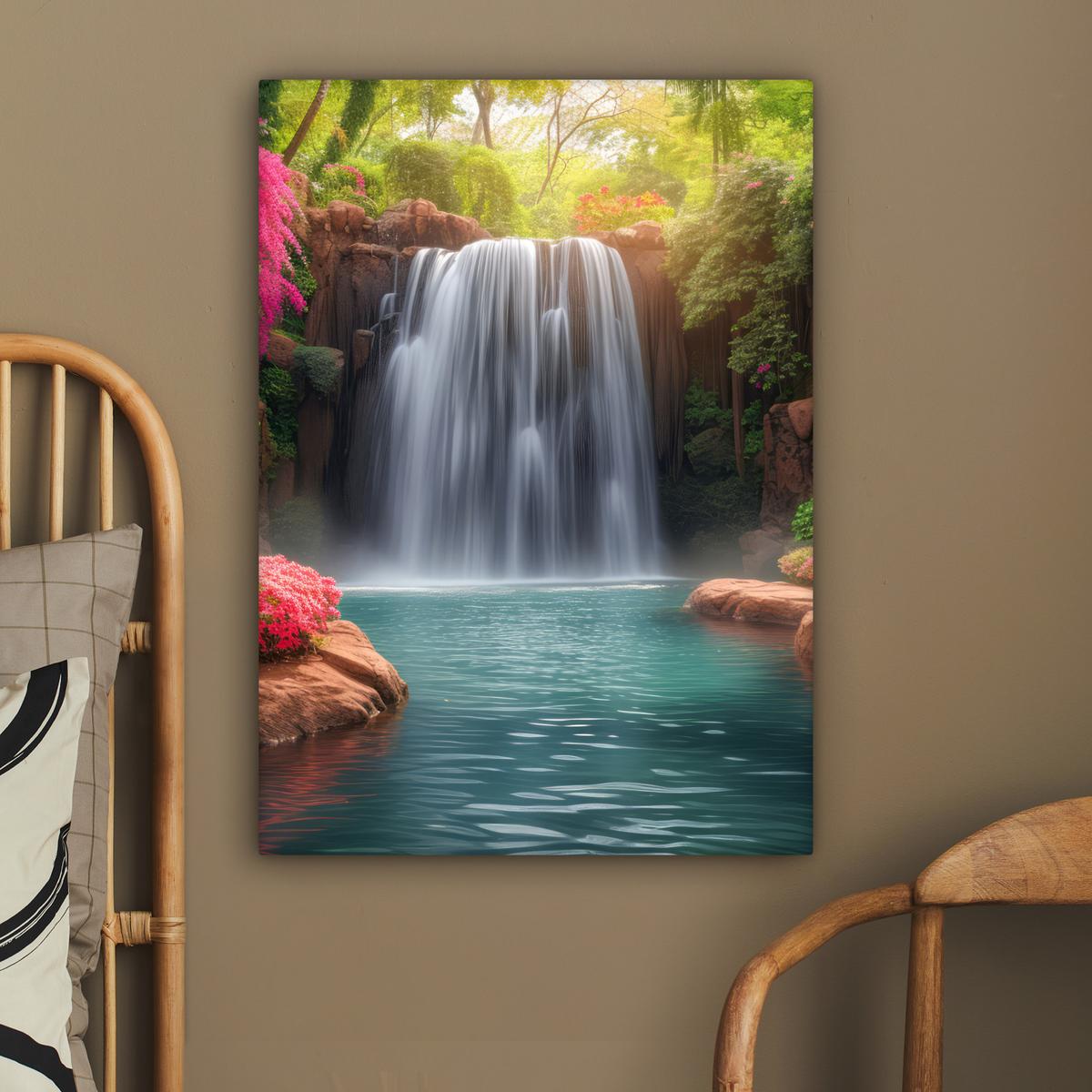 LEINWANDBILD Wasserfall - Natur - Pflanzen - Dschungel - Wasser Wandbild Wohnzimmer 60x80 cm - Grün, Textil (60/80cm) - MuchoWow