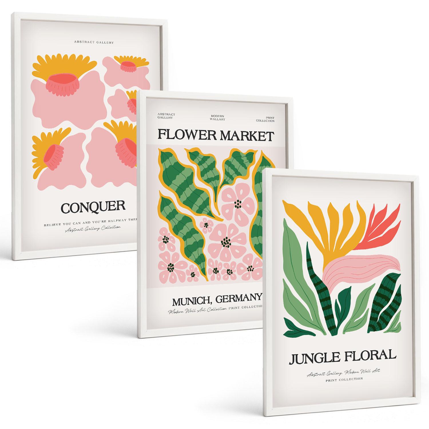 BILDER SET 3er Set - 40x60 cm Weißer Rahmen - Blumen und Blätter – moderne Poster - Weiß, Kunststoff (40/60cm) - TULUP