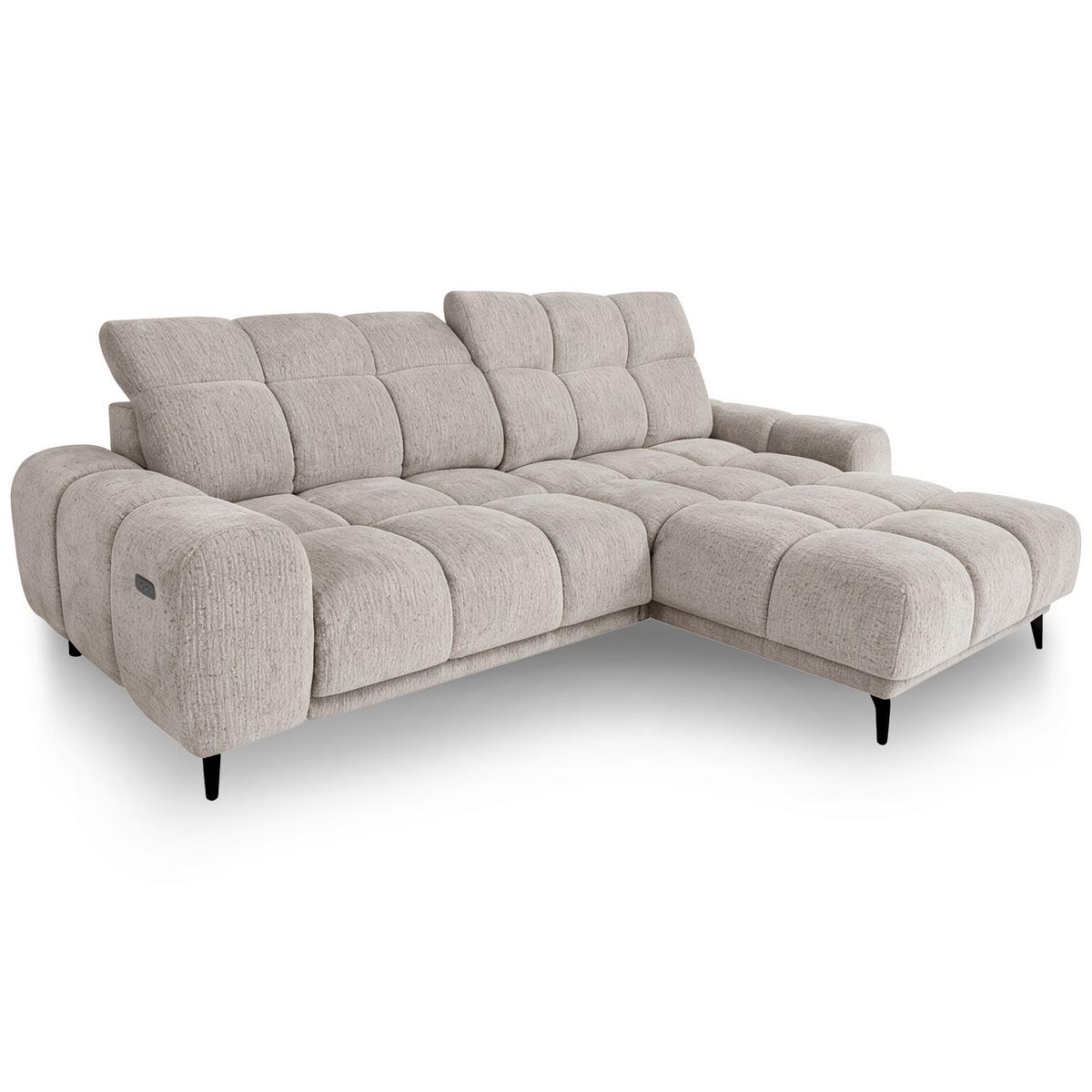 ECKSOFA Marco Mini mit elektrisch ausfahrbarem Sitz und verstellbaren Kopfstützen, Rechts, Chenille-Stoff, Beige - Beige/Schwarz, Textil (275/182cm) - Beautysofa