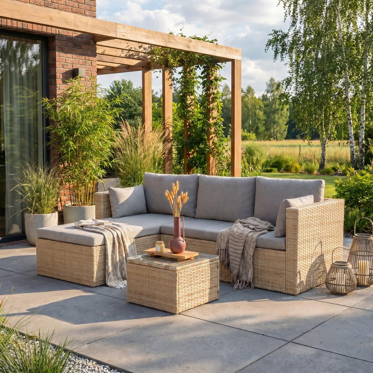 GARTENSET Sevilla, aus Technorattan, Ecksofa mit Couchtisch, Beige - Beige, Kunststoff - Beautysofa