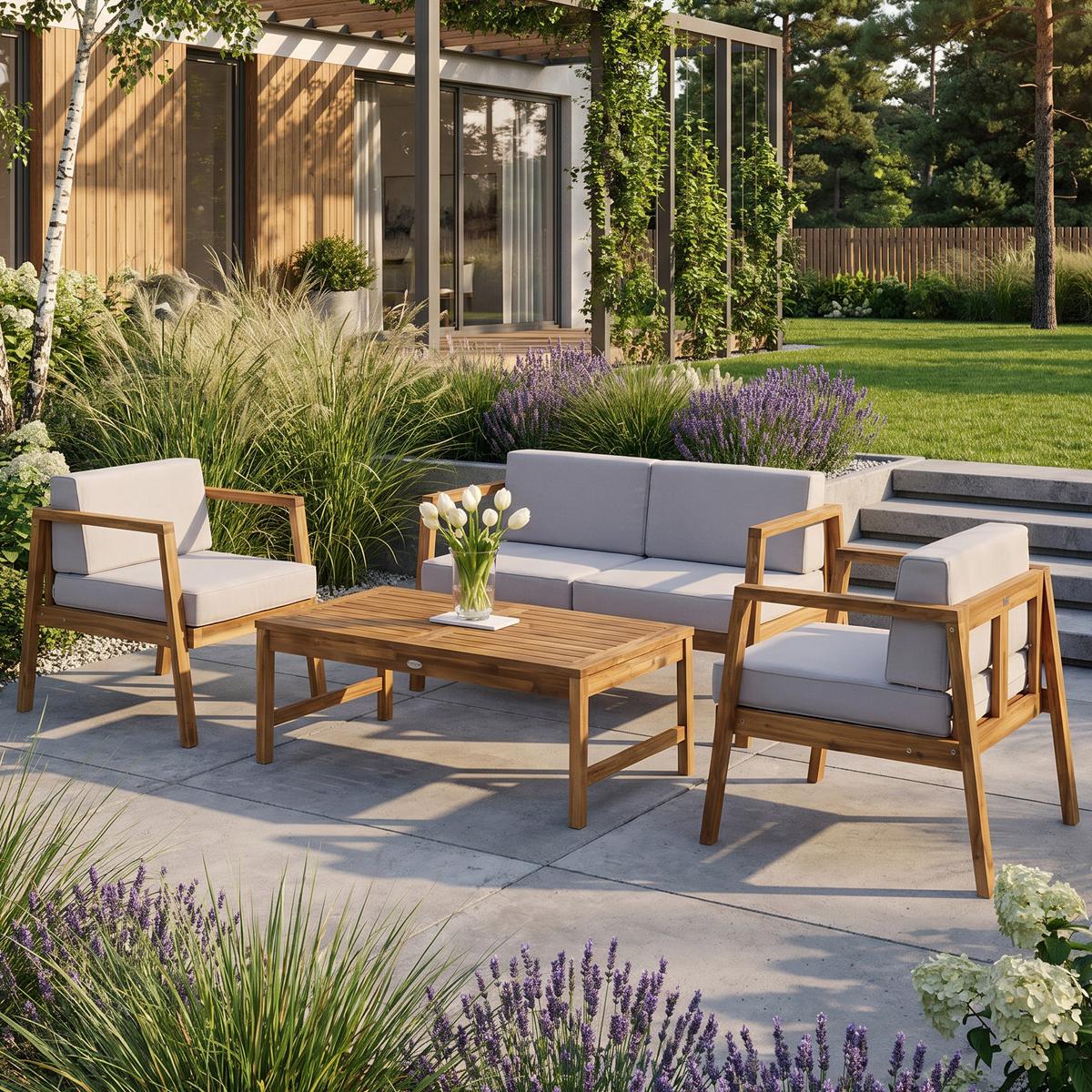 GARTENSET Viken aus Akazienholz, 2-Sitzer Sofa + 2 Sessel + Couchtisch, Hellgrau - Hellgrau, Holz - Beautysofa