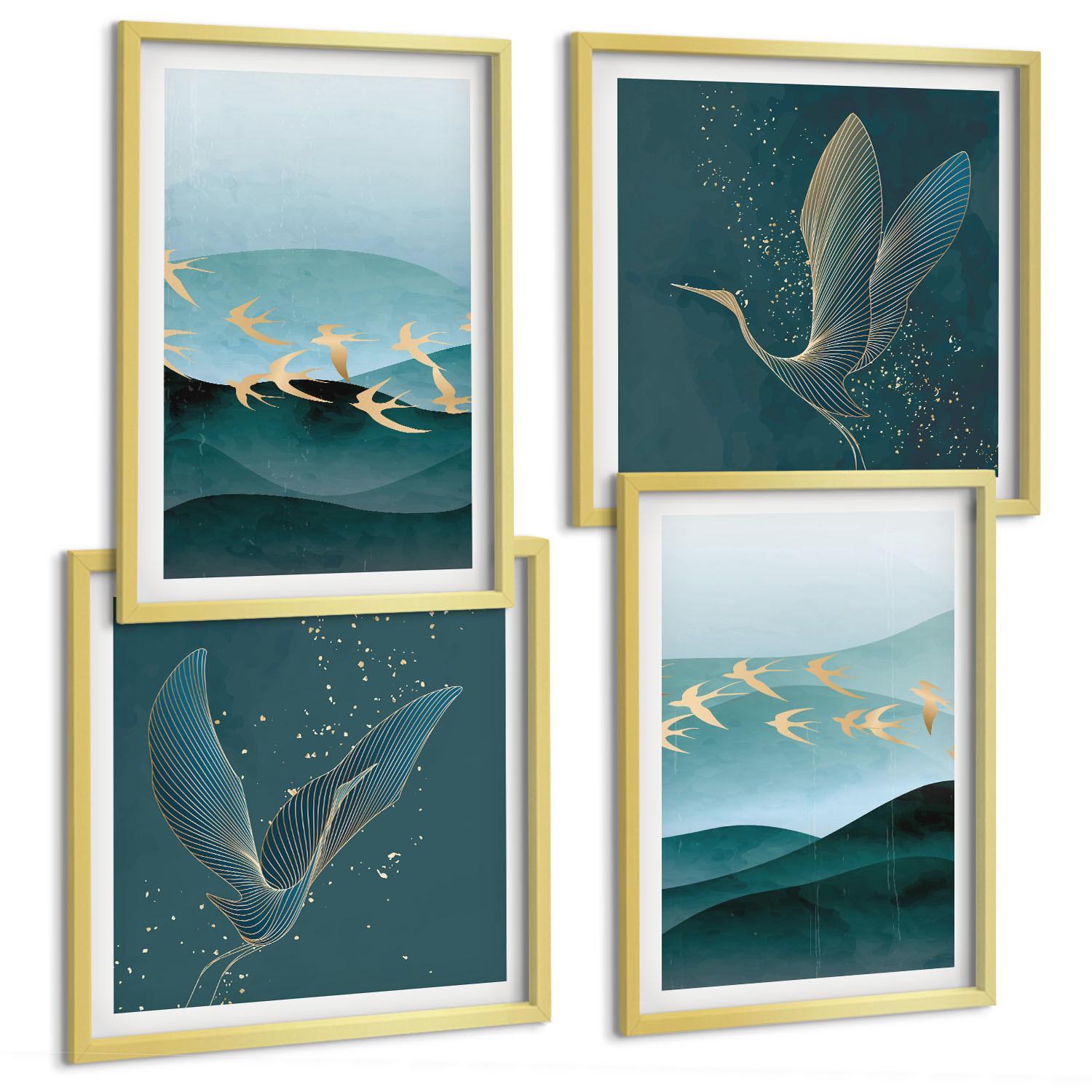 BILDER SET 4er Set - 50x50 cm & 40x60 cm Goldrahmen - Abstrakte Landschaften von Vogelwellen - Goldfarben, Kunststoff (50/50cm) - TULUP