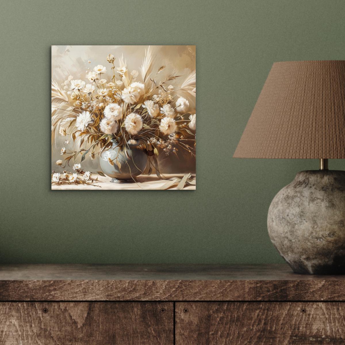 METALLBILD Blumen - Vase - Stilleben - Beige 20x20 cm - Creme, Metall (20/20cm) - MuchoWow