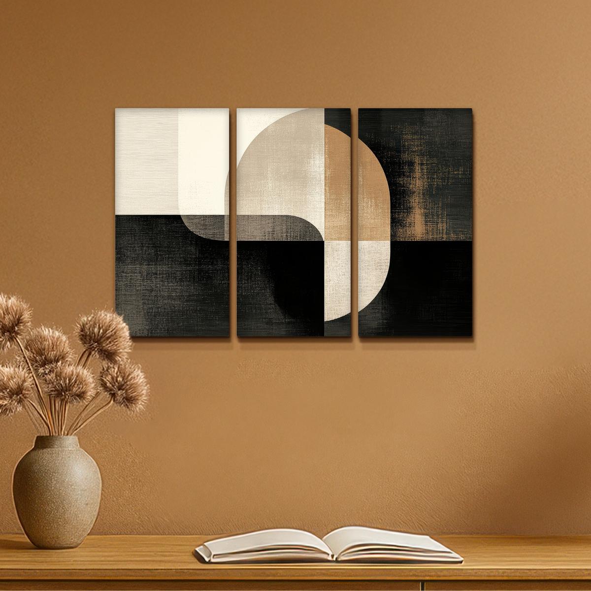 LEINWANDBILD 3er Set Formen - Abstrakt - Gold 60x40 cm - Schwarz, Textil (60/40cm) - MuchoWow