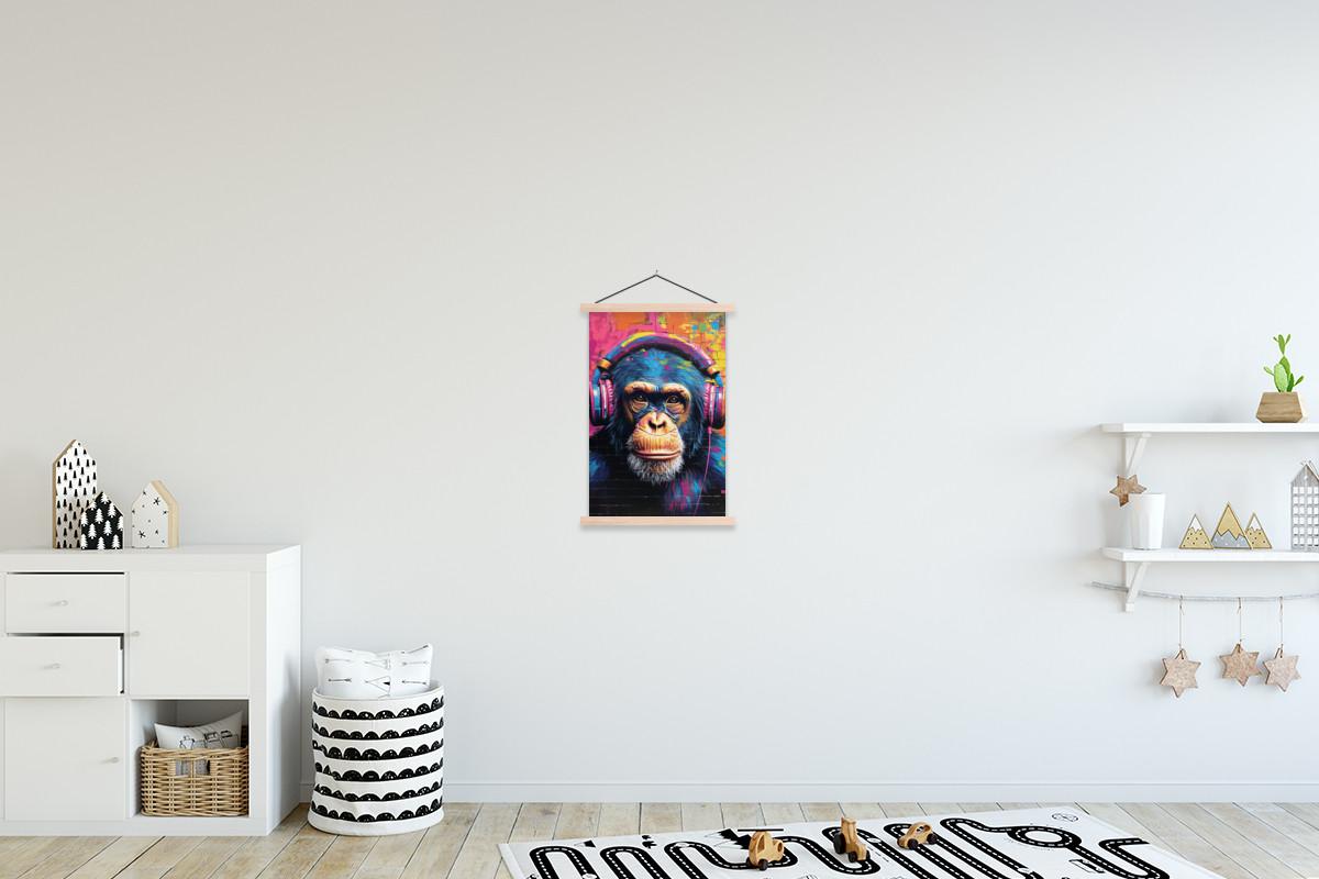 POSTER MIT MAGNETLEISTEN Graffiti - Schimpanse - Straßenkunst - Kopfhörer - Affe Deko Wohnzimmer 40x60 cm - Blau, Textil (40/60/0.15cm) - MuchoWow