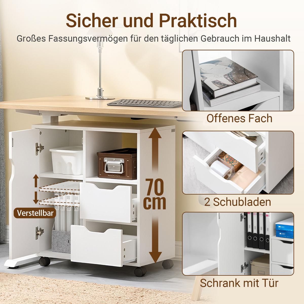 ROLLCONTAINER, Druckerschrank auf Rollen, 60x70x35 cm, weiß, 2 Schubladen, Türfach und offenes Fach, für Büro, Homeoffice & 3D-Drucker - Weiß, Holzwerkstoff (60/70/35cm) - SoBuy