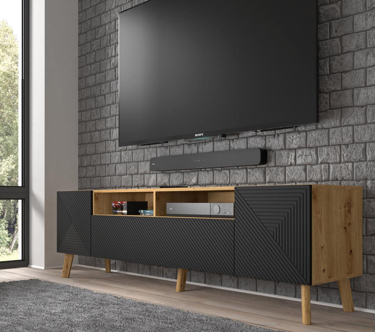 TV LOWBOARD Artisan Eiche, Schwarz 195/56/42 - Schwarz, Holzwerkstoff (195/56/42cm) - RAUMHIRSCH FURNITURE