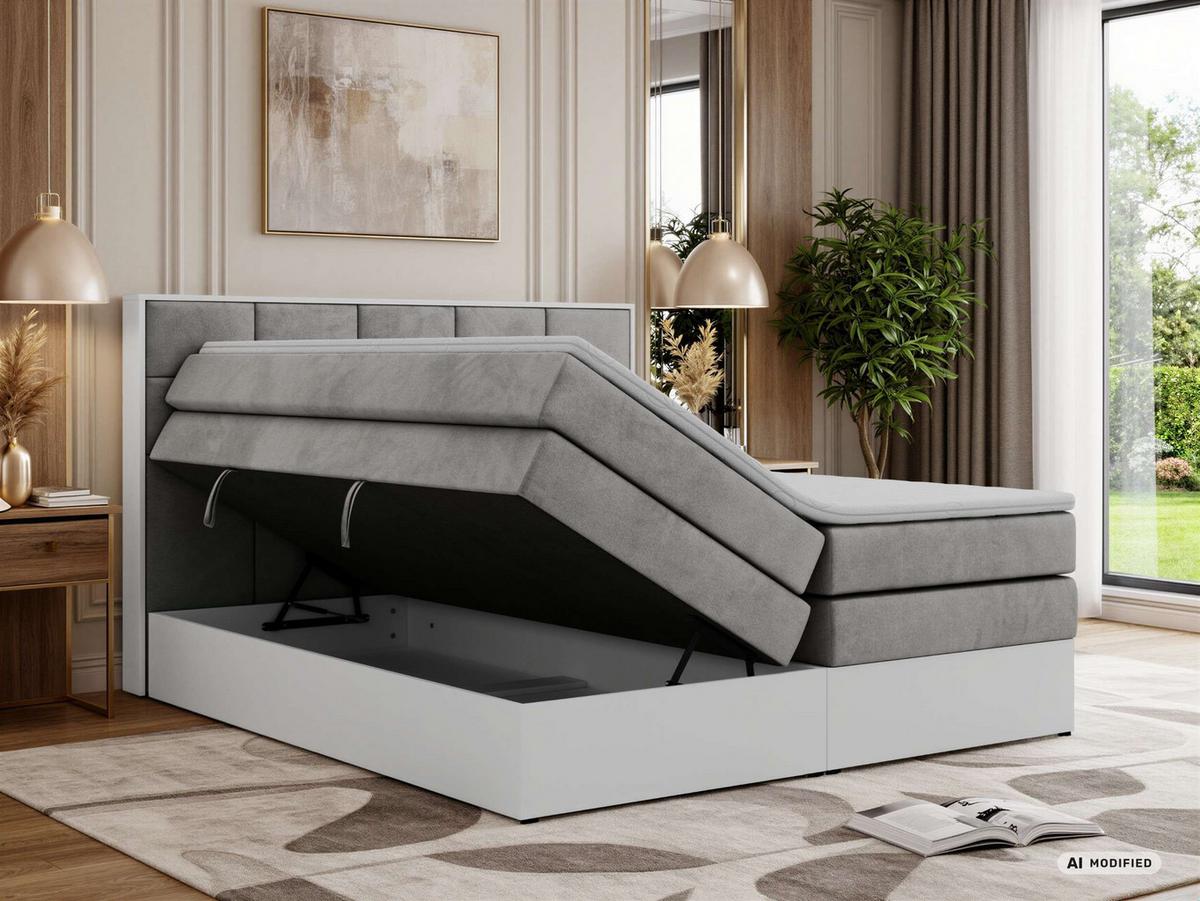 BOXSPRINGBETT ALVIT KING 140/200 - Hellgrau Velvet - Topper Visco - H3 - Hellgrau/Schwarz, Kunststoff/Textil (140/200cm) - MKS