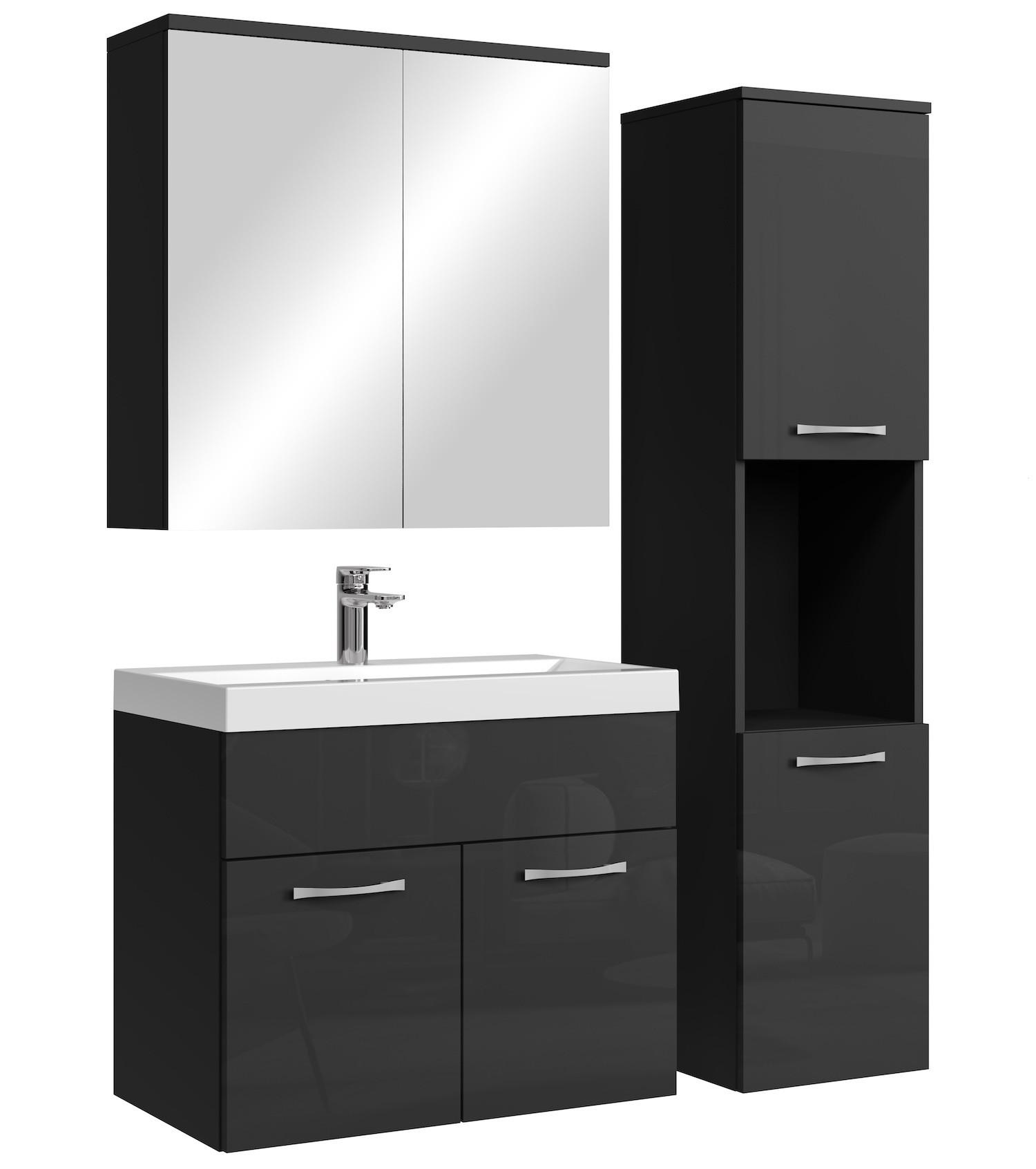 BADMÖBEL-SET Montreal 4 Teile Spiegelschrank Schwarz Hochglanz - 60 x 35 x 51 cm - Schwarz, Holz (60/51/35cm) - Badplaats