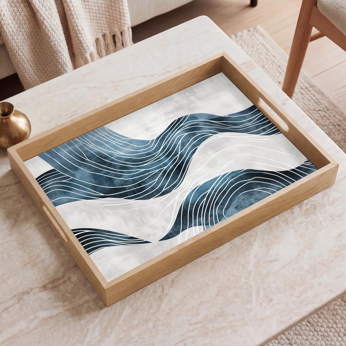 TABLETT Linien - Wellen - Abstrakt - Grau 50x35 cm - Blau, Holz (50/5/5cm) - OnlyWow
