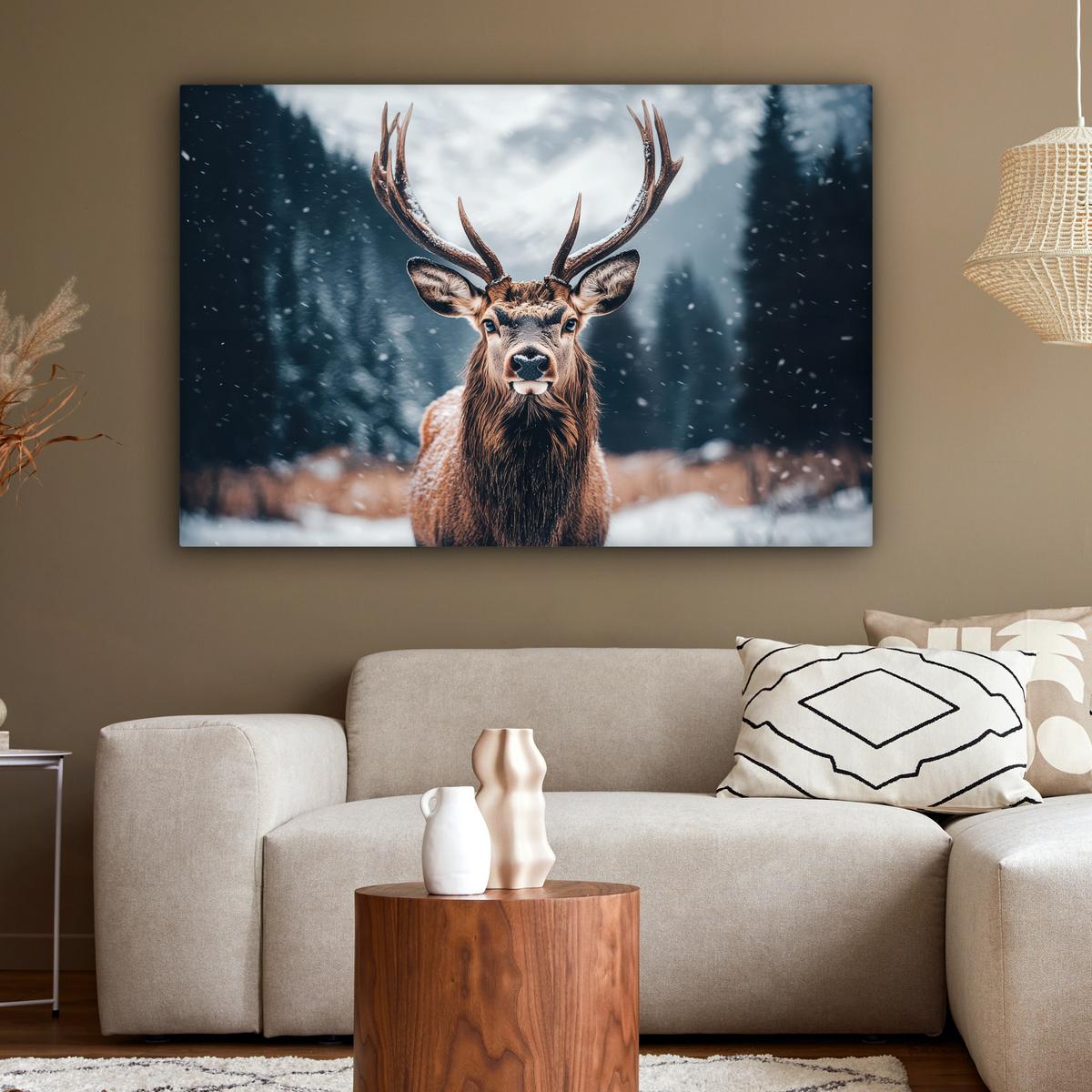LEINWANDBILD Hirsche - Tiere - Landschaft - Winter - Schnee Wohnzimmer Groß 120x80 cm - Kastanienfarben, Textil (120/80cm) - MuchoWow