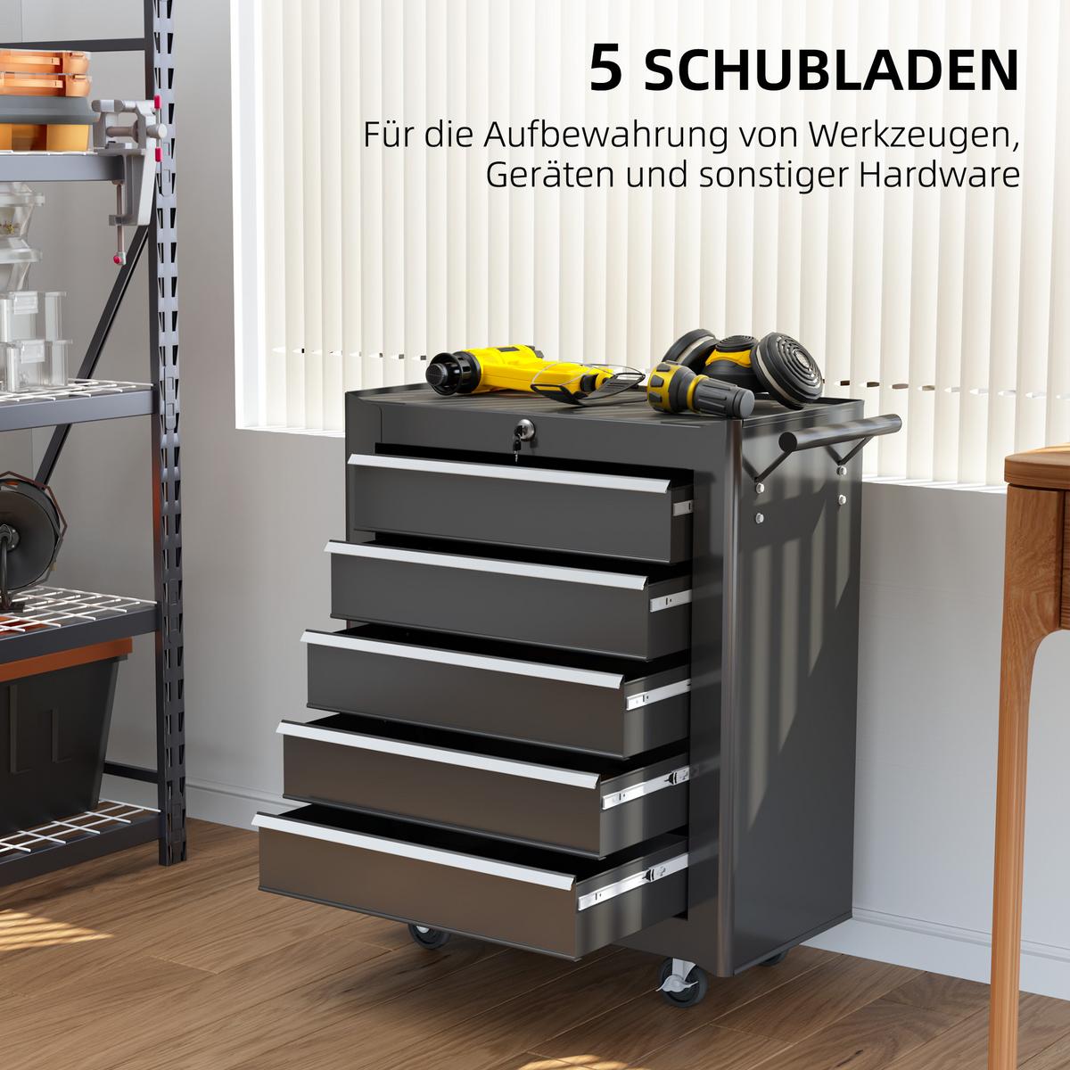 WERKSTATTWAGEN leer Werkzeugwagen abschließbar mit 5 Schubladen Schwarz - Schwarz, Metall (33/75/61.6cm) - HOMCOM