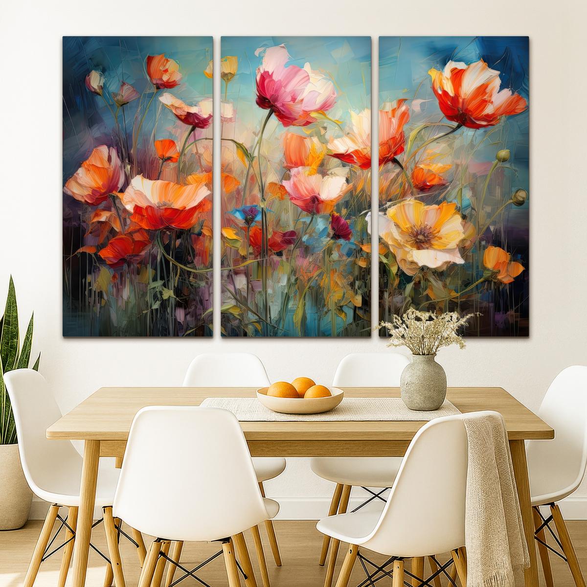 LEINWANDBILD 3er Set Blumen - Bunt - Abstrakt 180x120 cm - Blaugrau, Textil (180/120cm) - MuchoWow