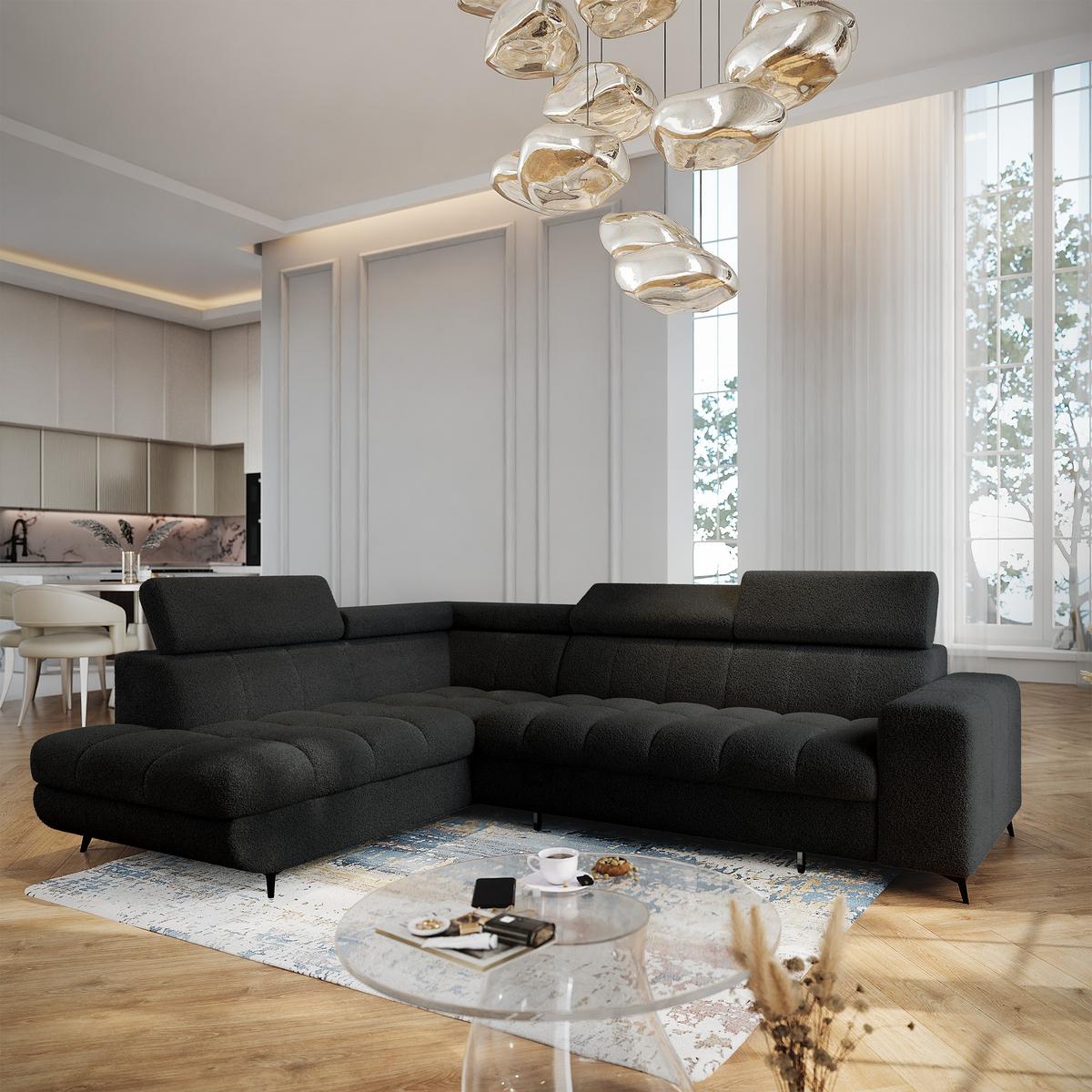 ECKSOFA MORIVA Q L-S Schwarz Boucle-Stoff mit Schlaffunktion - Schwarz, Holzwerkstoff/Textil (253/190cm) - MASSENO