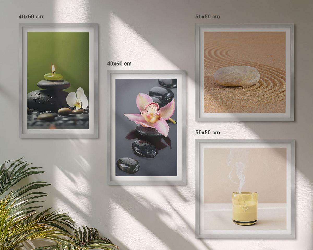 BILDER SET 4er Set - 50x50 cm & 40x60 cm Silberner Rahmen - Entspannende Zen-Steine für inneren Frieden - Silberfarben, Kunststoff (50/50cm) - TULUP