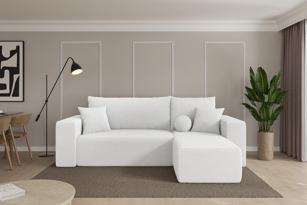 ECKSOFA mit Schlaffunktion Ottomane Rechts SENO-L 249x139x85 Weiß Bouclé - Schwarz/Weiß, Holzwerkstoff/Kunststoff (249/139cm) - ALTDECOR