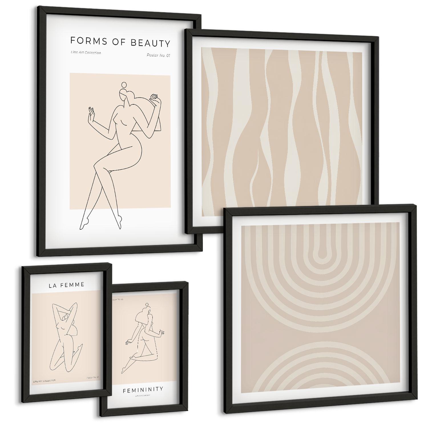 BILDER SET 5er Set - 50x50 cm & 20x30 cm & 40x60 cm Schwarzer Rahmen - Eine Sammlung minimalistischer Formen - Schwarz, Kunststoff (40/60cm) - TULUP