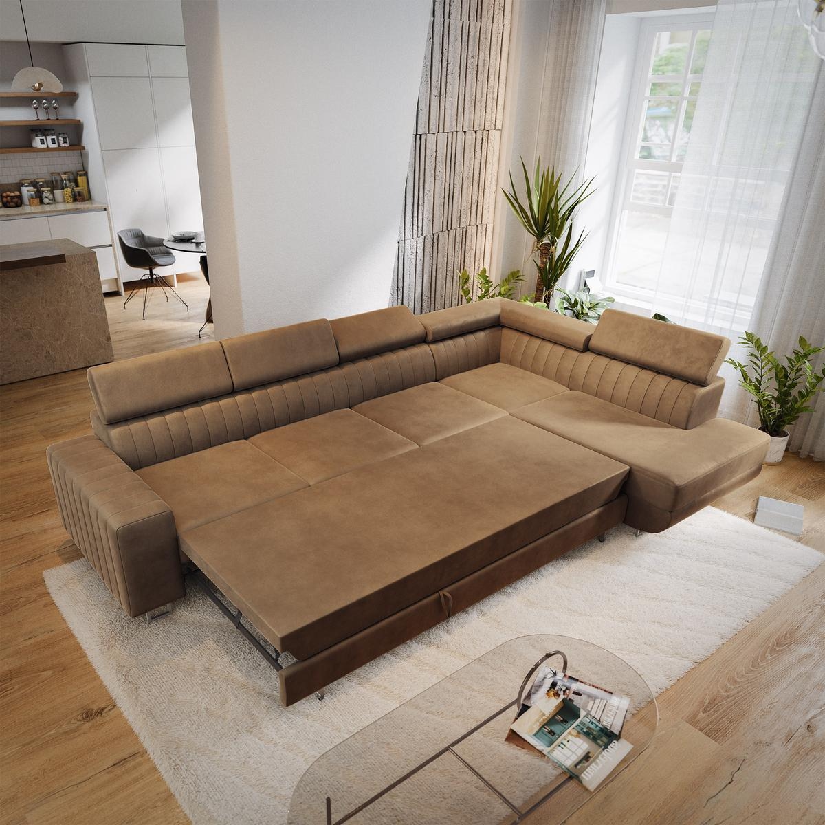 ECKSOFA HESTION Beige Velours-Stoff mit Schlaffunktion - Beige, Holz (332/190cm) - MASSENO