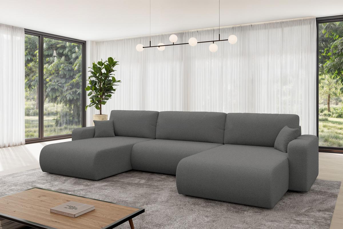 WOHNLANDSCHAFT mit Schlaffunktion und Bettkasten BERY-U 377x193x88 Grau Bouclé - Schieferfarben/Schwarz, Holzwerkstoff/Kunststoff (377/88/193cm) - ALTDECOR