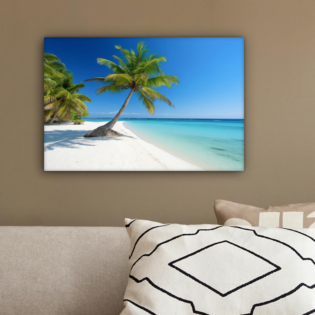 LEINWANDBILD Strand - Palme - Tropisch - Meer Deko Schlafzimmer 30x20 cm - Grün, Textil (30/20cm) - MuchoWow
