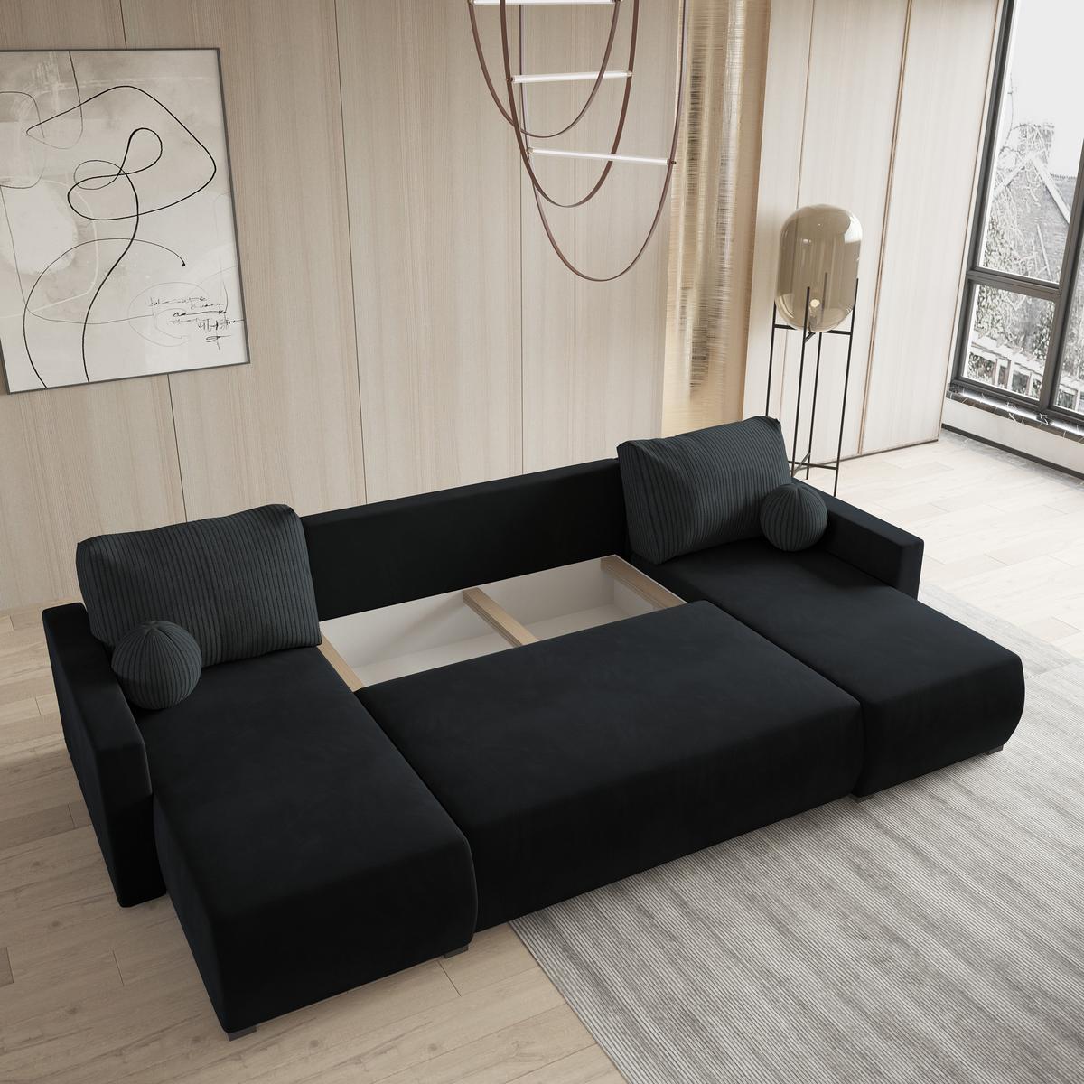 WOHNLANDSCHAFT TESSUN Schwarz Plüsch-Stoff mit Schlaffunktion - Schwarz, Holz (286/85/143cm) - MASSENO